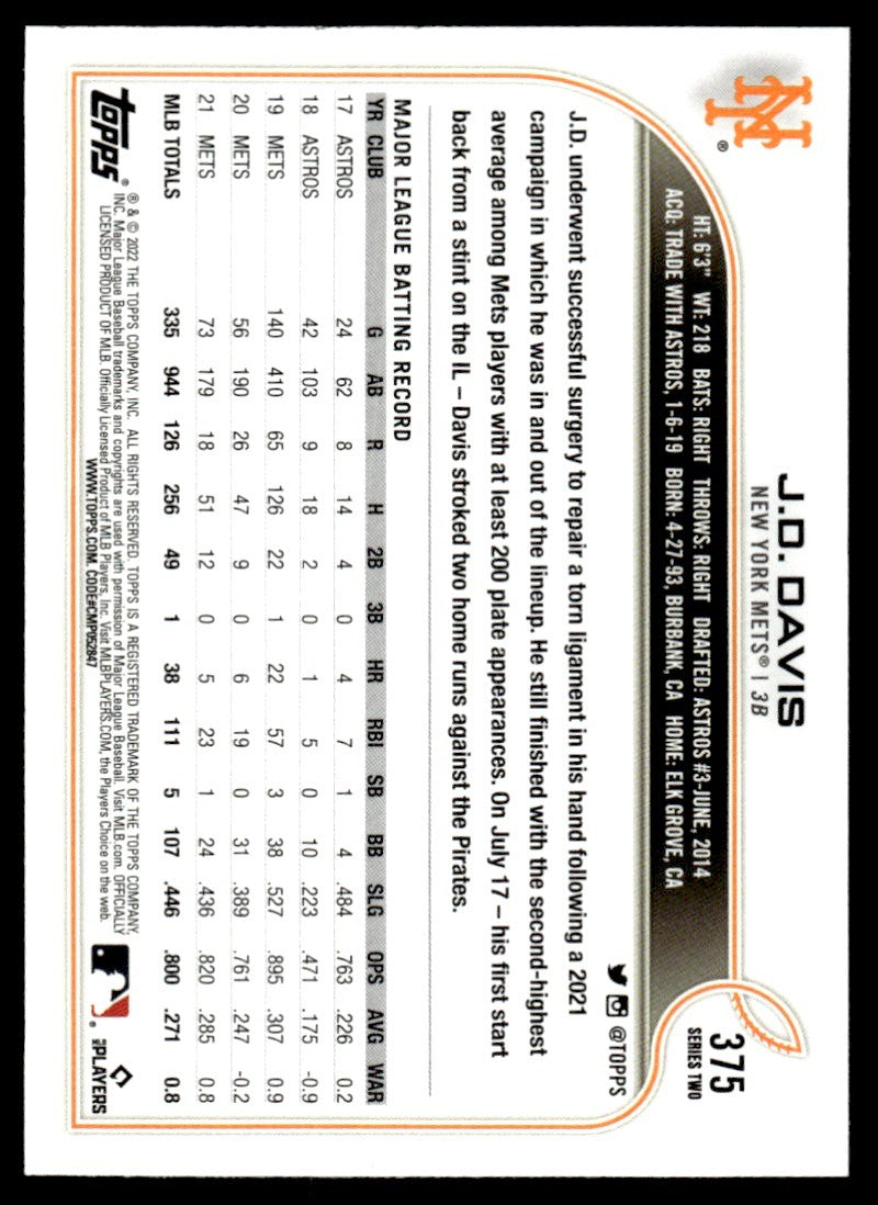 2022 Topps Baseball Card J.D. Davis A New York Mets #375