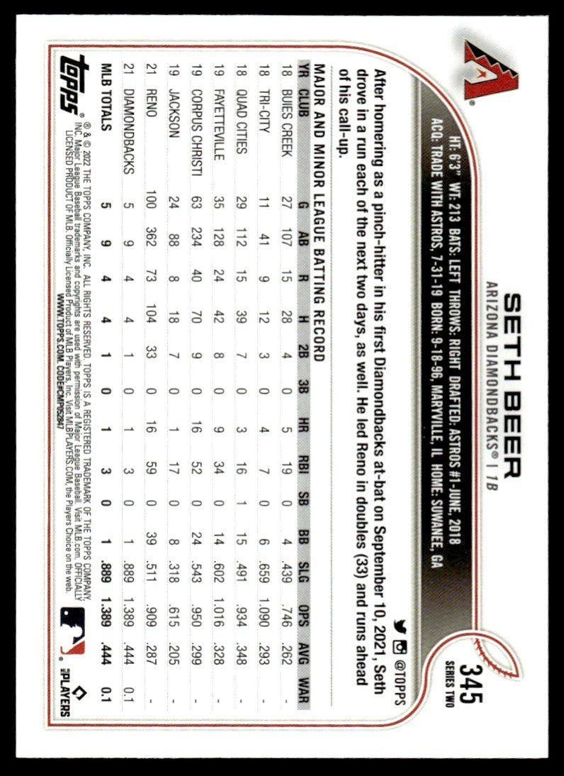 2022 Topps Baseball Card Seth Beer Arizona Diamondbacks #345
