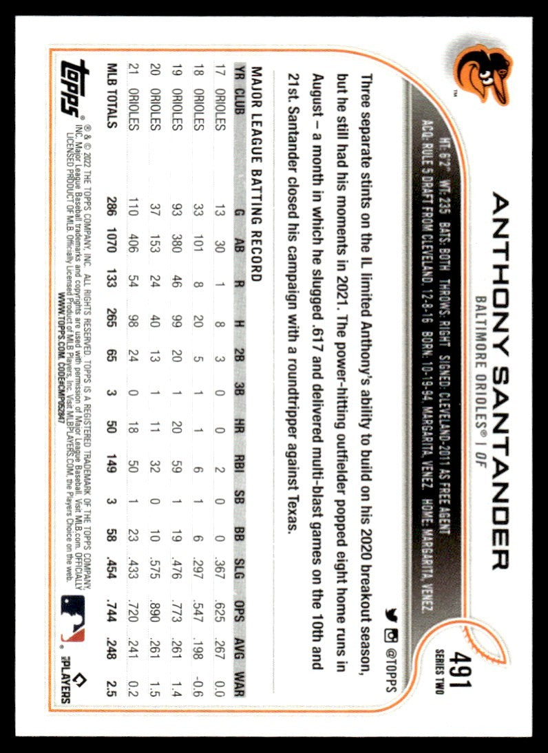 2022 Topps Baseball Card Anthony Santander Baltimore Orioles #491