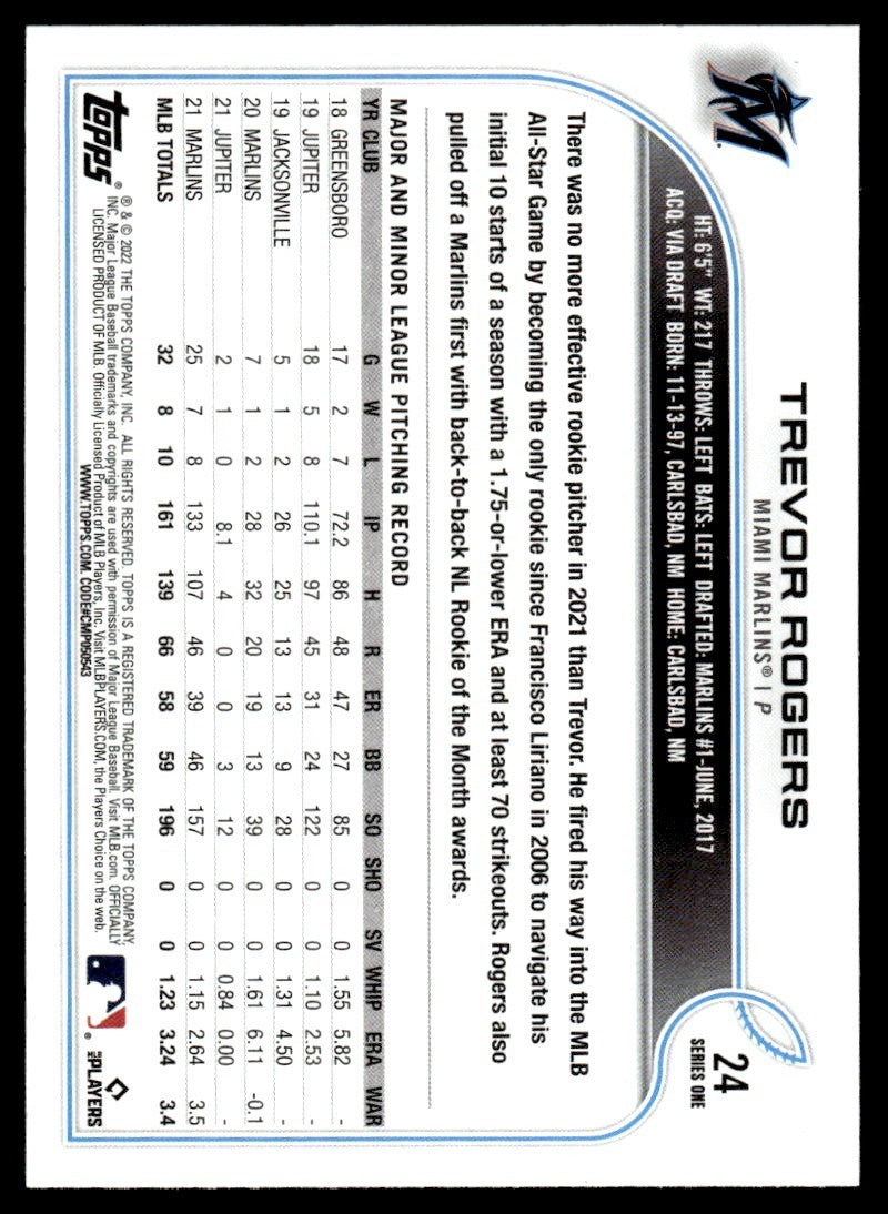 2022 Topps Baseball Card Trevor Rogers A Miami Marlins #24