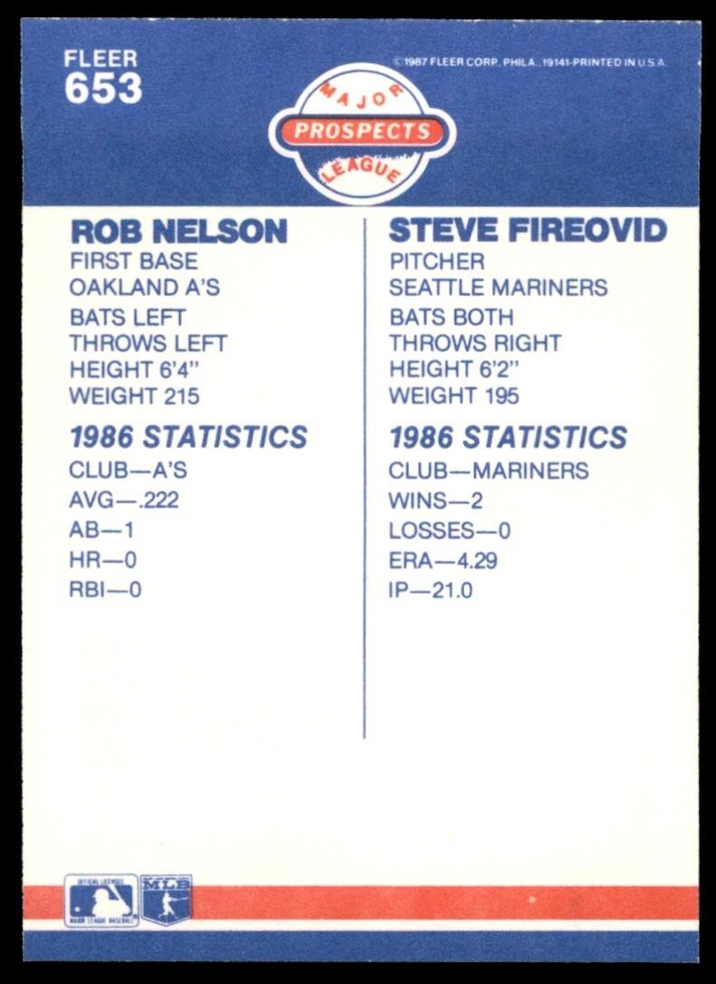 1987 Fleer Rob Nelson/Steve Fireovid Rookie Oakland Athletics/Seattle Mariners