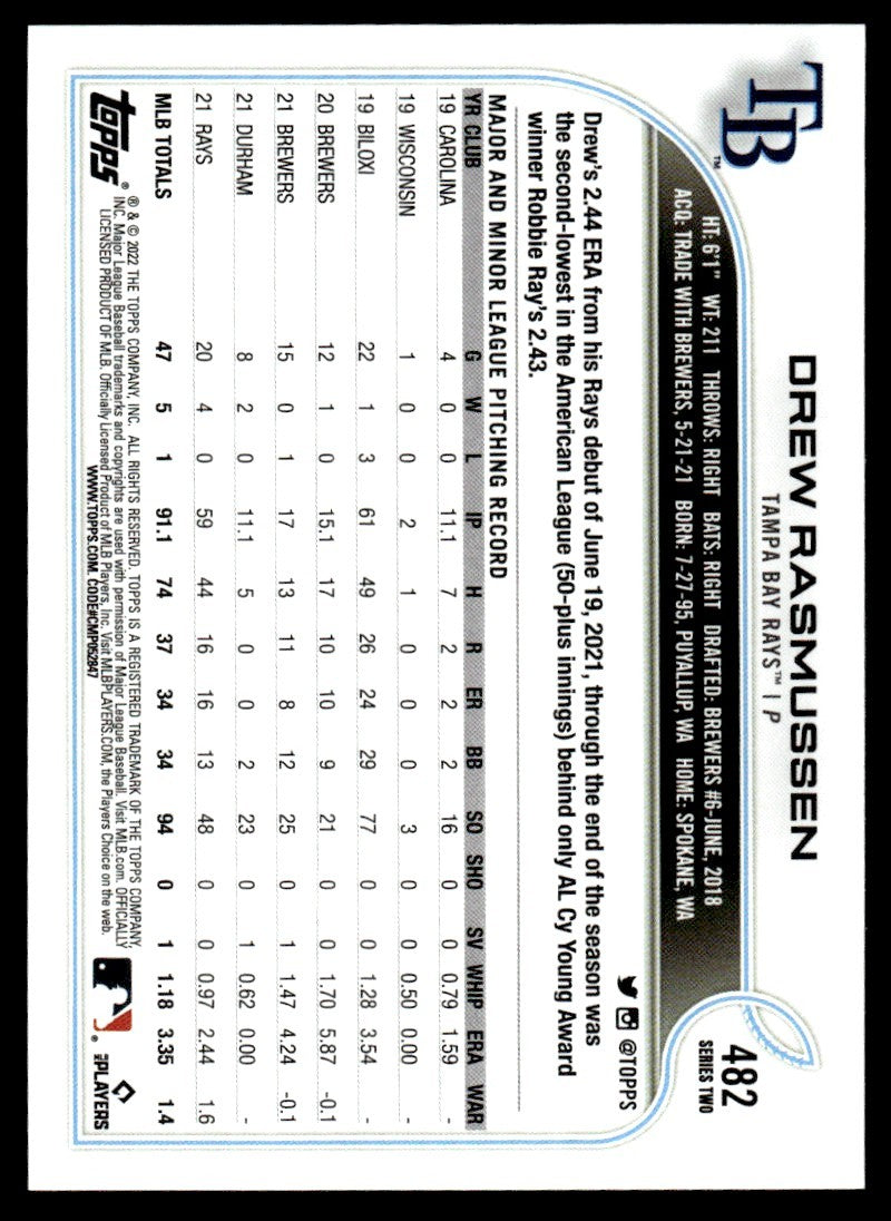 2022 Topps Baseball Card Drew Rasmussen Tampa Bay Rays #482