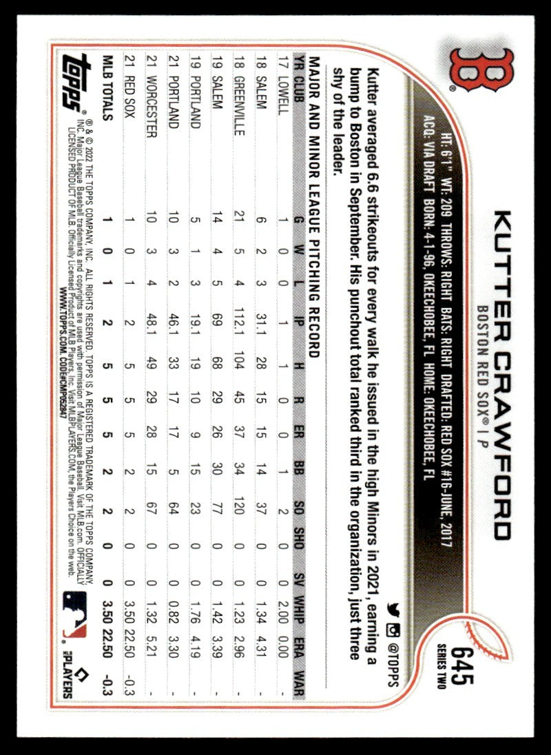 2022 Topps Baseball Card Kutter Crawford A Boston Red Sox #645