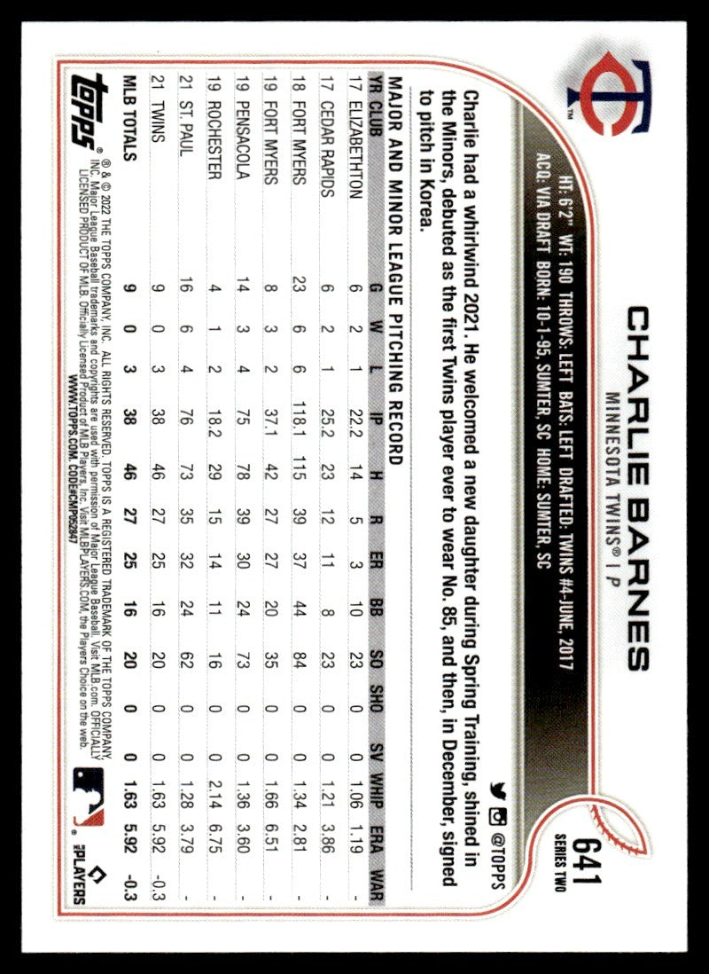2022 Topps Baseball Card Charlie Barnes Minnesota Twins #641