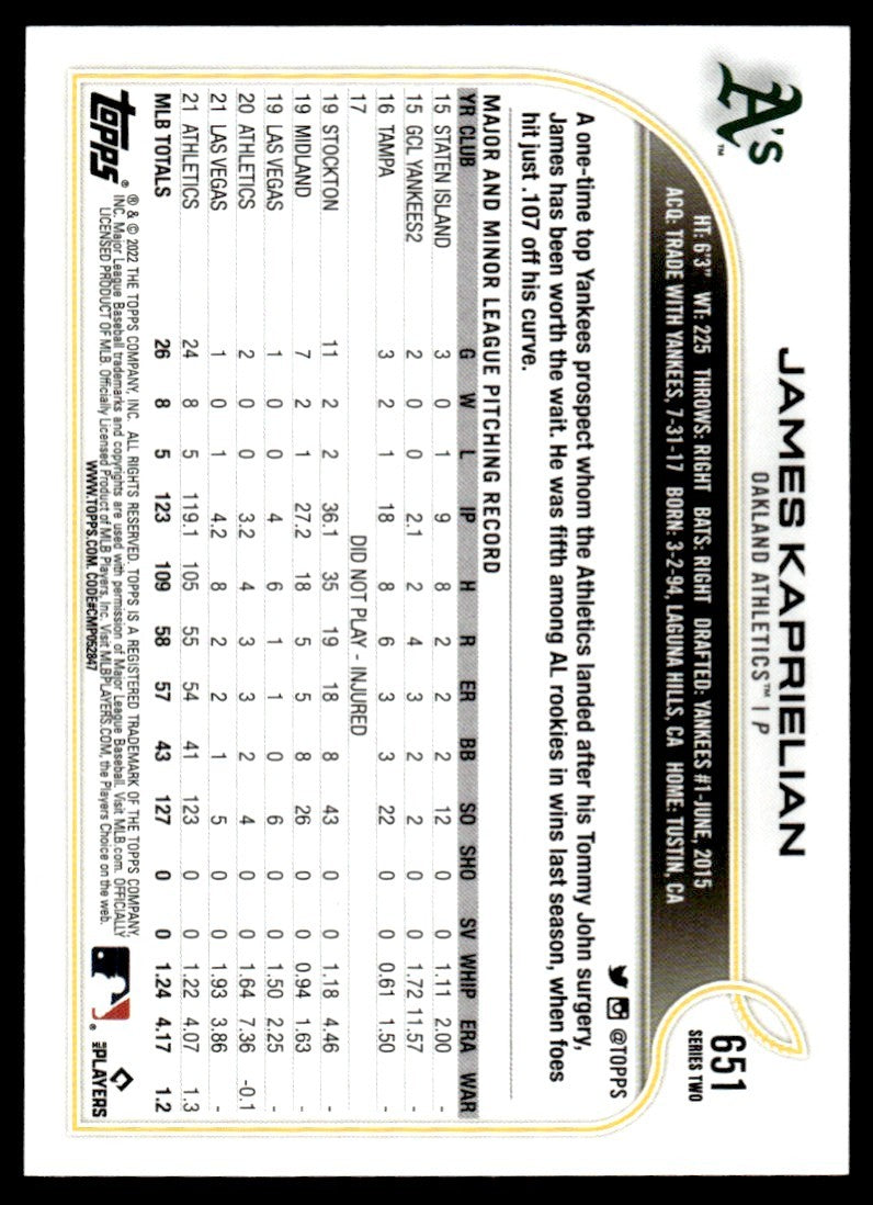 2022 Topps Baseball Card James Kaprielian Oakland Athletics #651