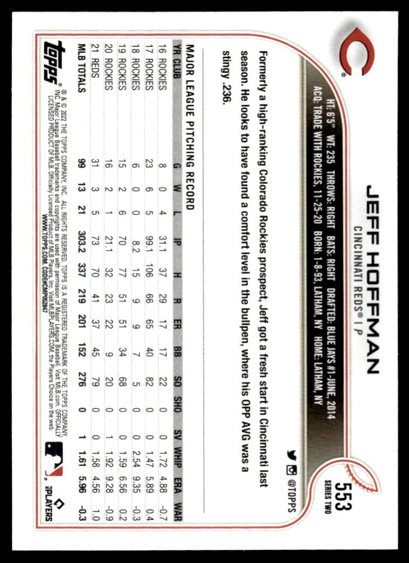 2022 Topps Baseball Card Jeff Hoffman A Cincinnati Reds #553