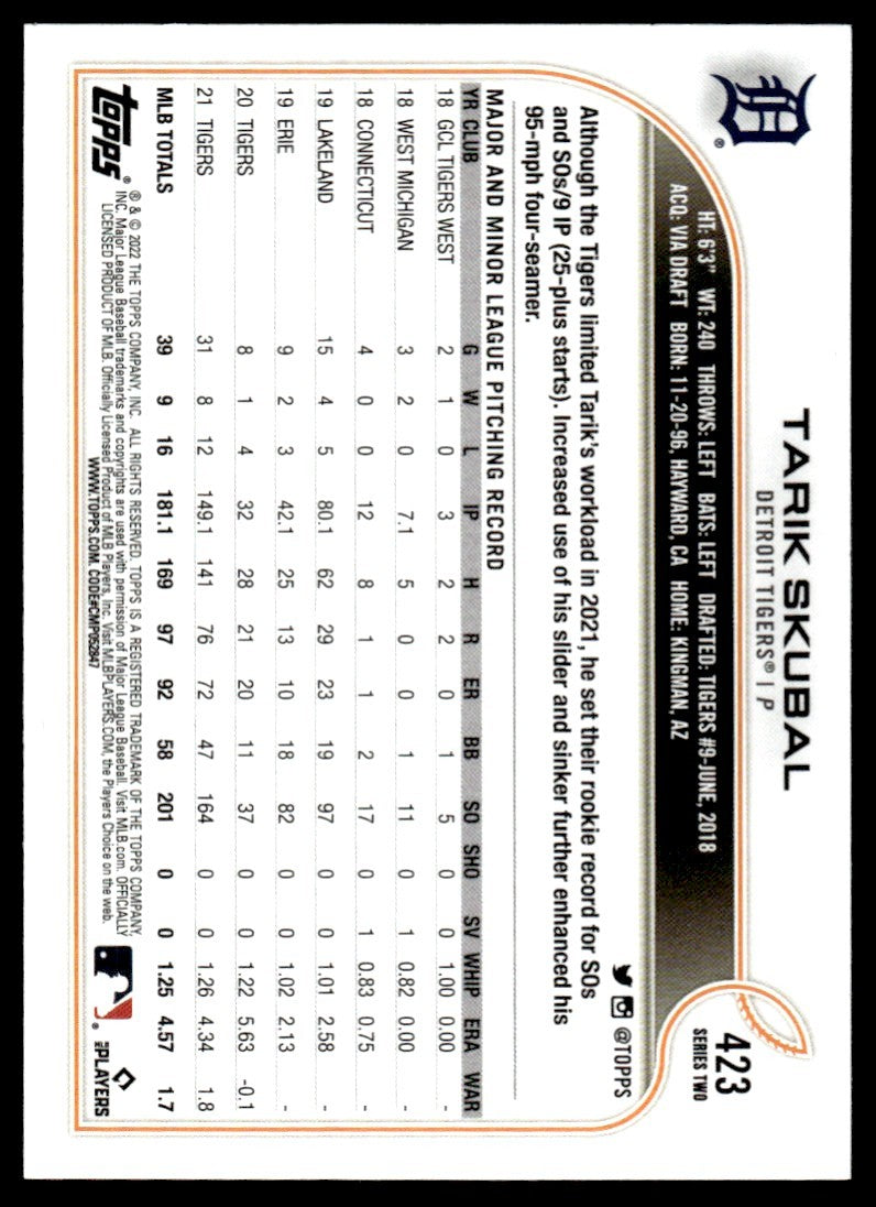 2022 Topps Baseball Card Tarik Skubal Detroit Tigers #423