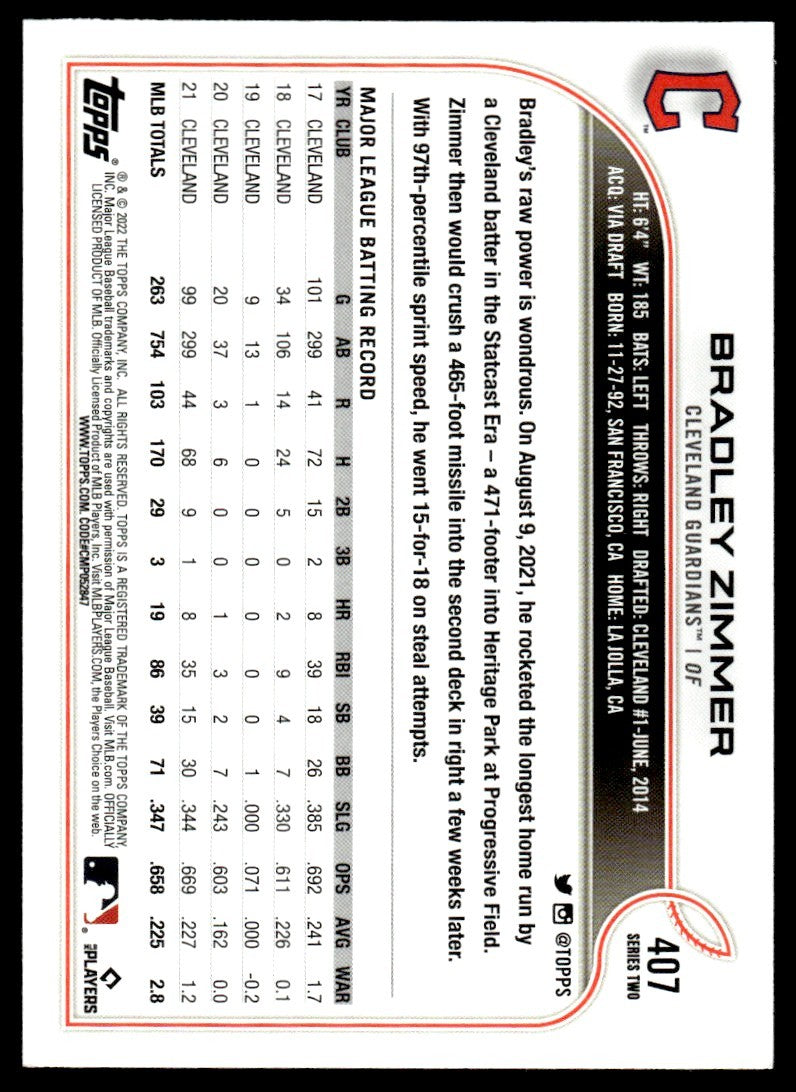 2022 Topps Baseball Card Bradley Zimmer A Cleveland Guardians #407