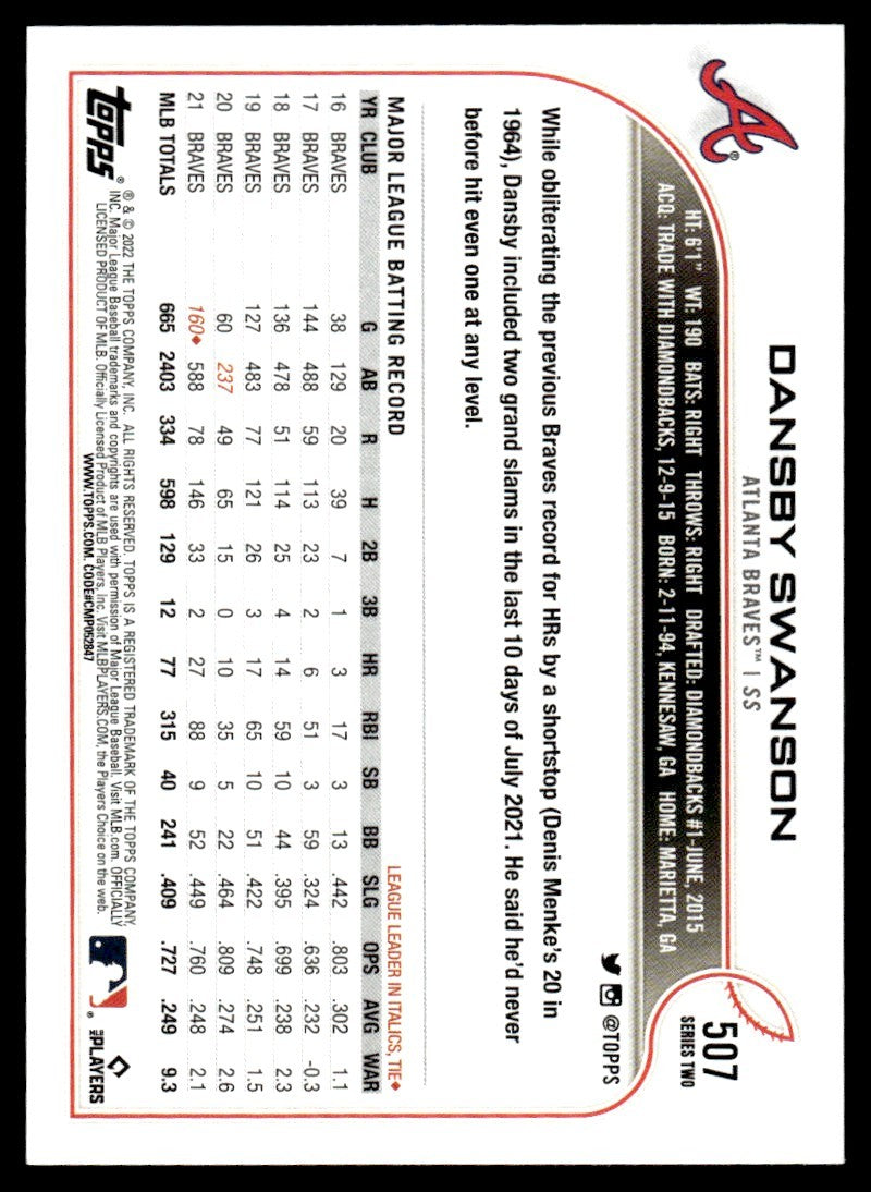 2022 Topps Baseball Card Dansby Swanson A Atlanta Braves #507