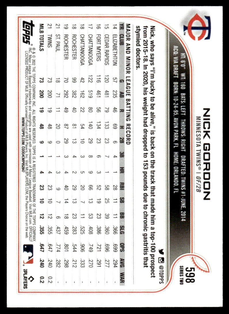 2022 Topps Baseball Card Nick Gordon B Minnesota Twins #598