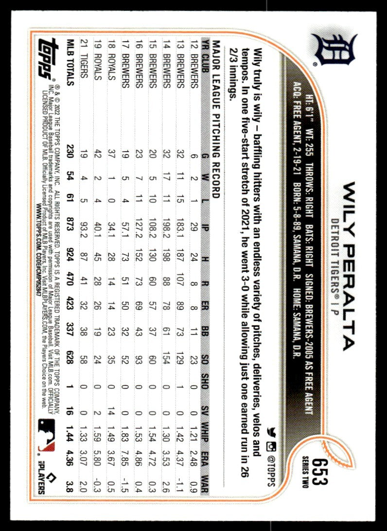 2022 Topps Baseball Card Wily Peralta B Detroit Tigers #653