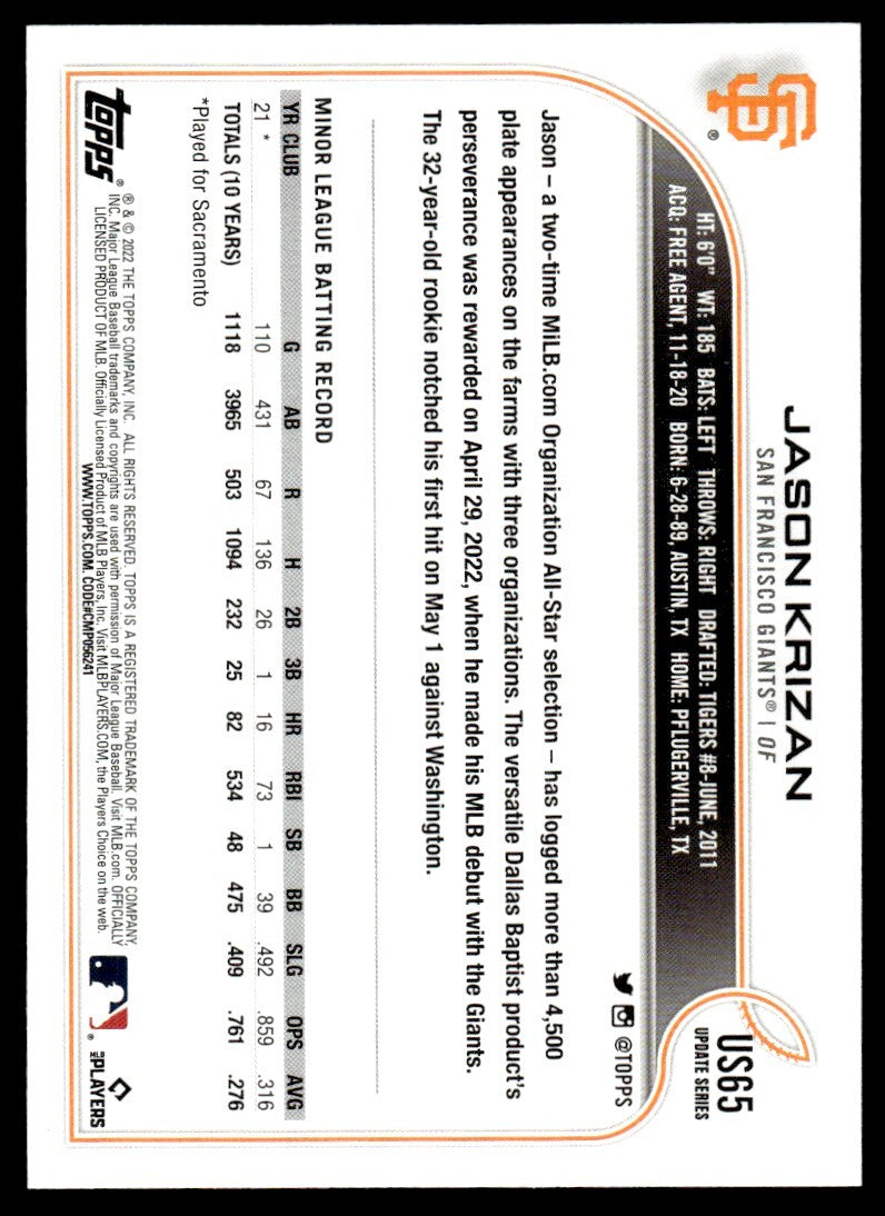 2022 Topps Baseball Card Jason Krizan Rookie San Francisco Giants #US65