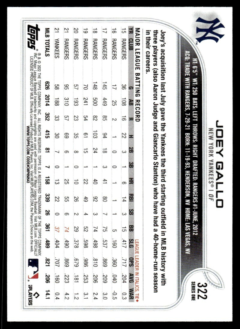 2022 Topps Baseball Game Joey Gallo New York Yankees #322
