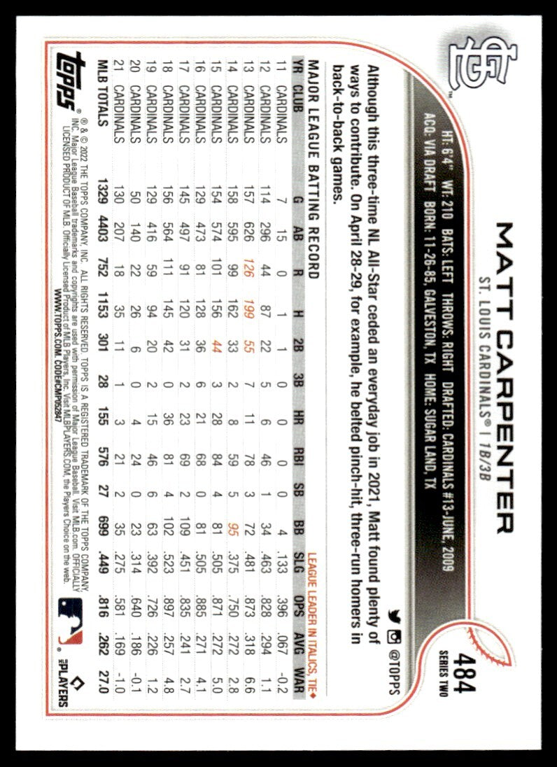 2022 Topps Baseball Game Matt Carpenter St. Louis Cardinals #484