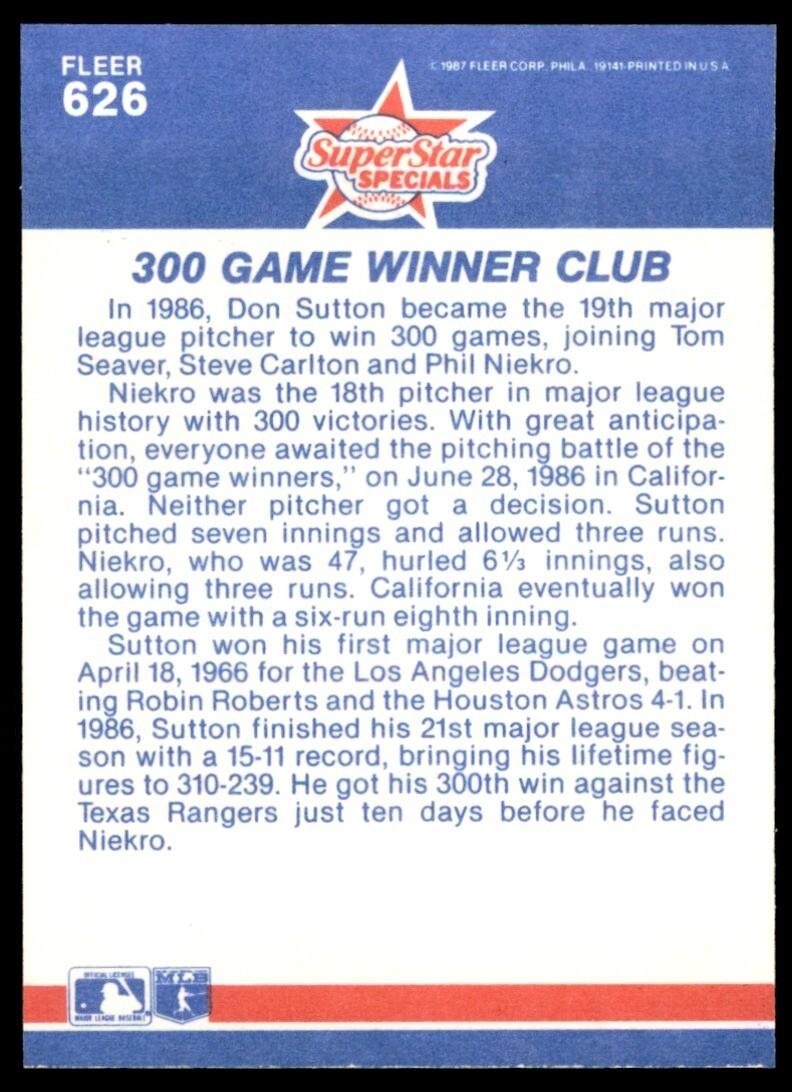 1987 Fleer Don Sutton/Phil Niekro California Angels/Cleveland Indians #626