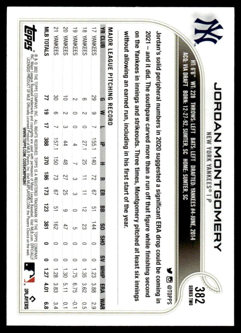 2022 Topps Baseball Game Jordan Montgomery New York Yankees #382