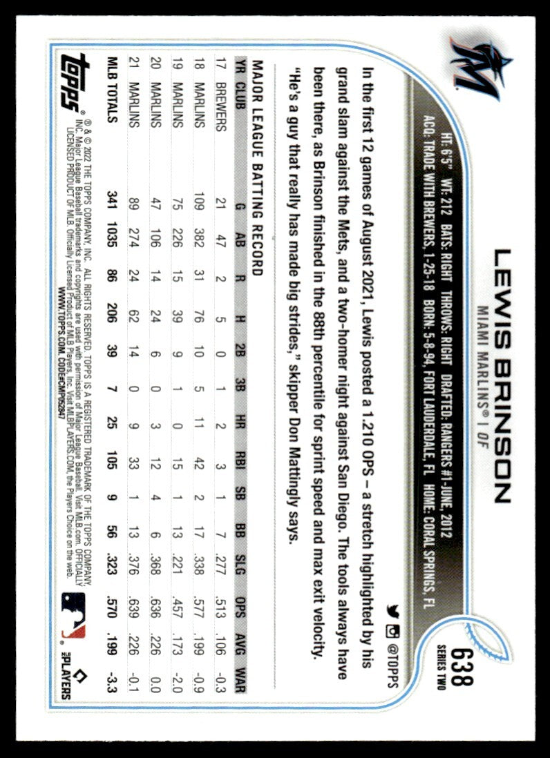 2022 Topps Baseball Game Lewis Brinson Miami Marlins #638