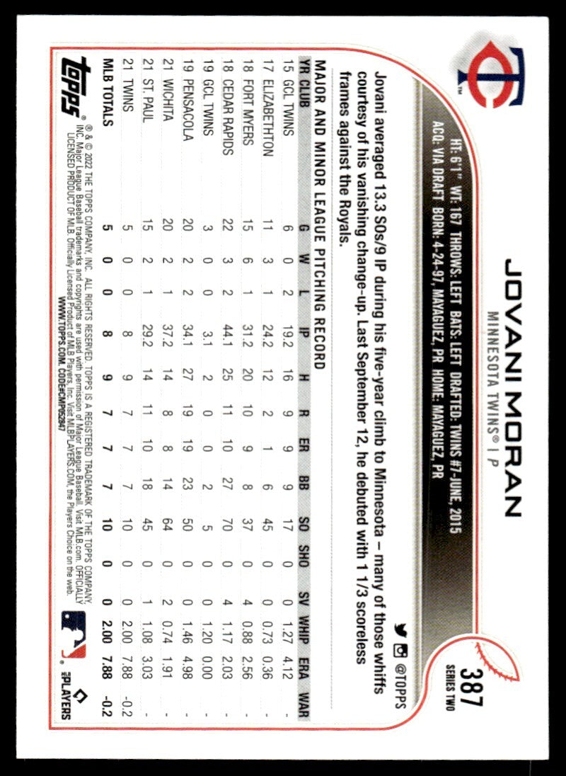 2022 Topps Baseball Game Jovani Moran Minnesota Twins #387