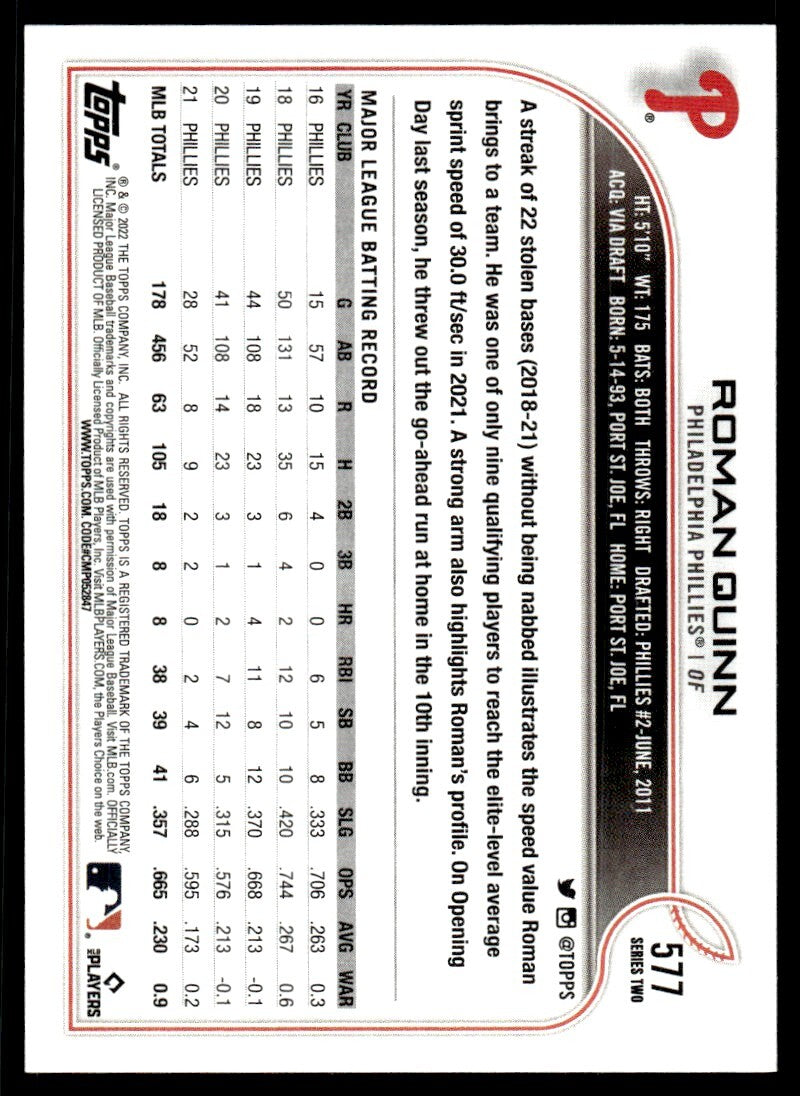 2022 Topps Baseball Card Roman Quinn A Philadelphia Phillies #577