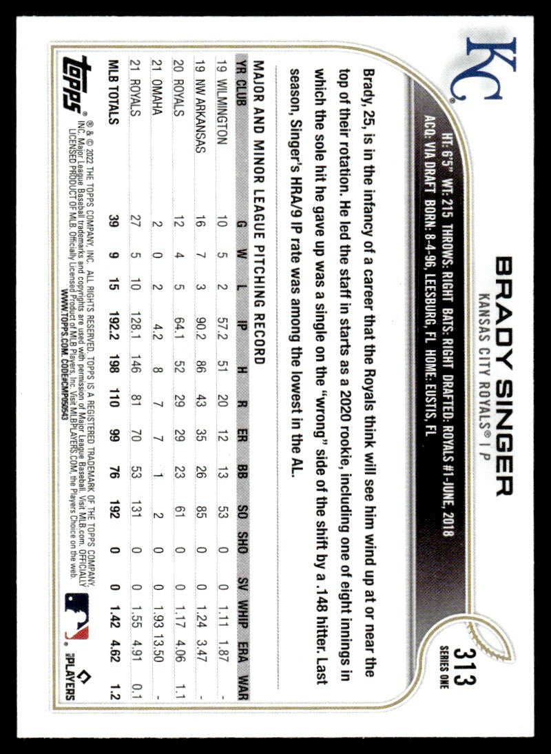 2022 Topps Baseball Card Brady Singer A Kansas City Royals #313