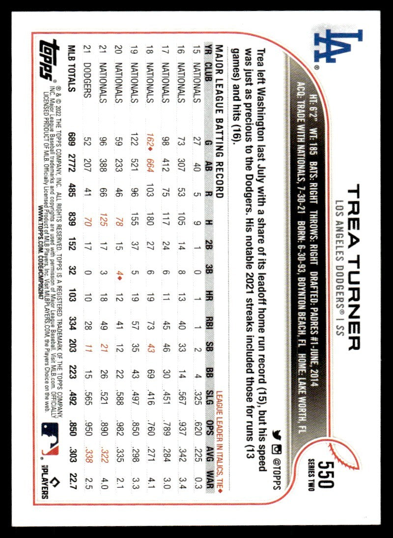 2022 Topps Baseball Card Trea Turner A Los Angeles Dodgers #550
