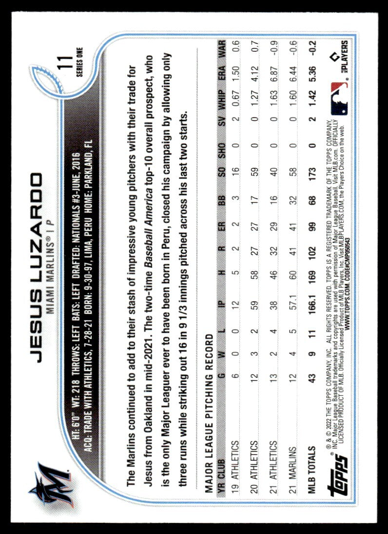 2022 Topps Baseball Card Jesus Luzardo Rookie Miami Marlins #11