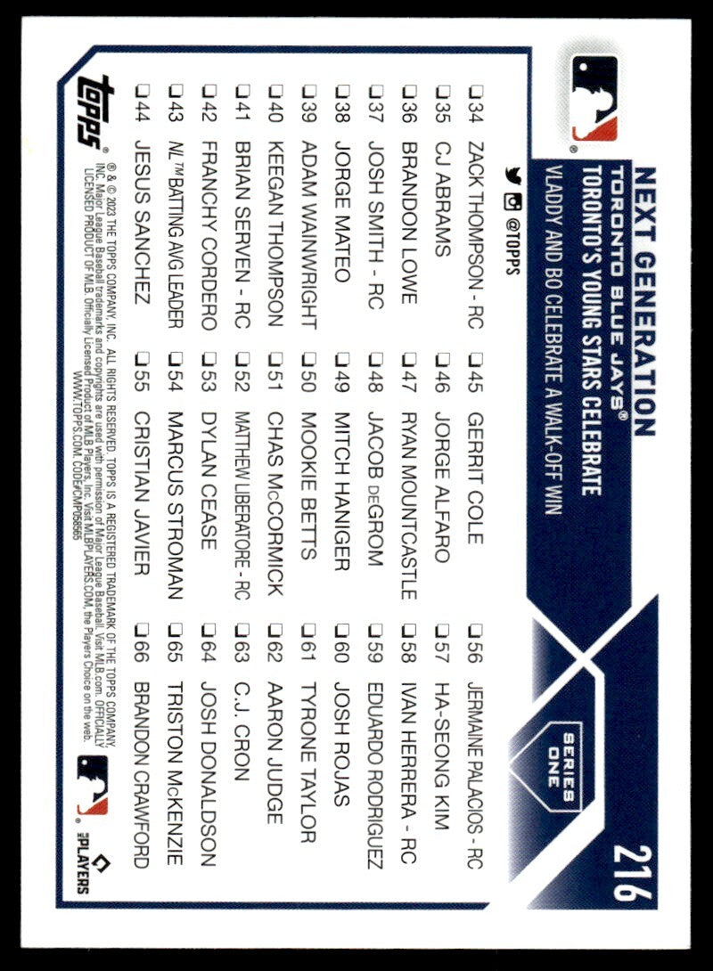 2023 Topps Baseball Card Next Generation Toronto Blue Jays #216
