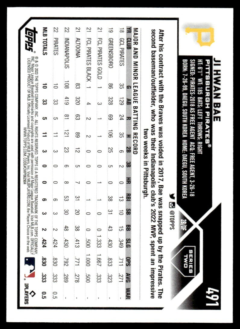 2023 Topps Ji Hwan Bae Rookie Baseball Card Pittsburgh Pirates #491
