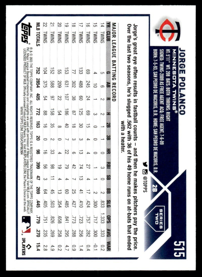 2023 Topps Baseball Card Jorge Polanco Minnesota Twins #515