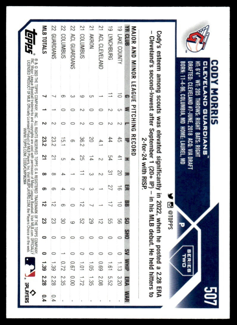 2023 Topps Baseball Card Cody Morris Rookie Cleveland Guardians #507