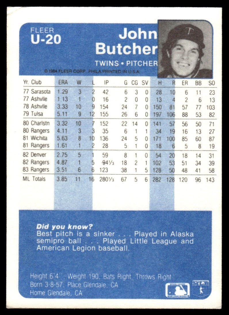 1984 Fleer Update John Butcher Baseball Card Minnesota Twins #U-20
