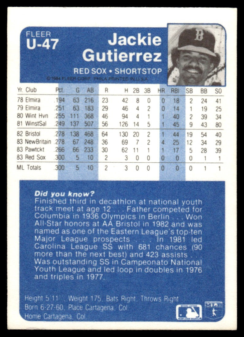 1984 Fleer Update Jackie Gutierrez Baseball Card Boston Red Sox #U-47