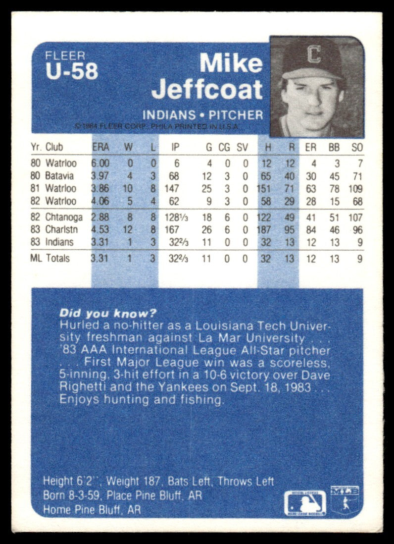 1984 Fleer Update Mike Jeffcoat Baseball Card Cleveland Indians #U-58