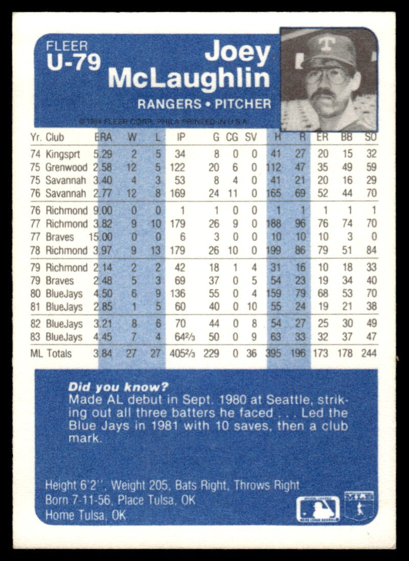 1984 Fleer Update Joey McLaughlin Baseball Card Texas Rangers #U-79