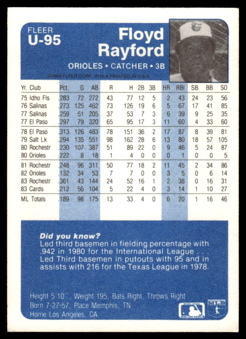 1984 Fleer Update Floyd Rayford Baseball Card Baltimore Orioles #U-95