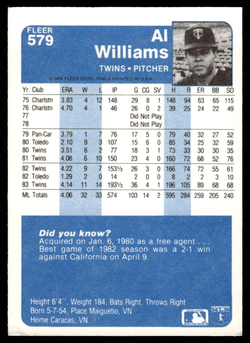 1984 Fleer Al Williams Baseball Card Minnesota Twins #579