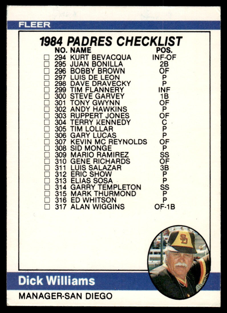 1984 Fleer Checklist: Padres/Special Cards Baseball Card #659