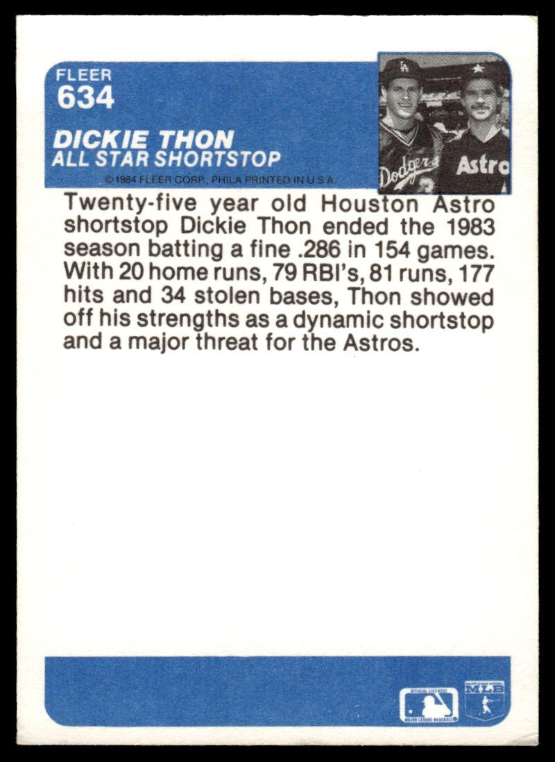 1984 Fleer Dickie Thon Baseball Card Houston Astros #634