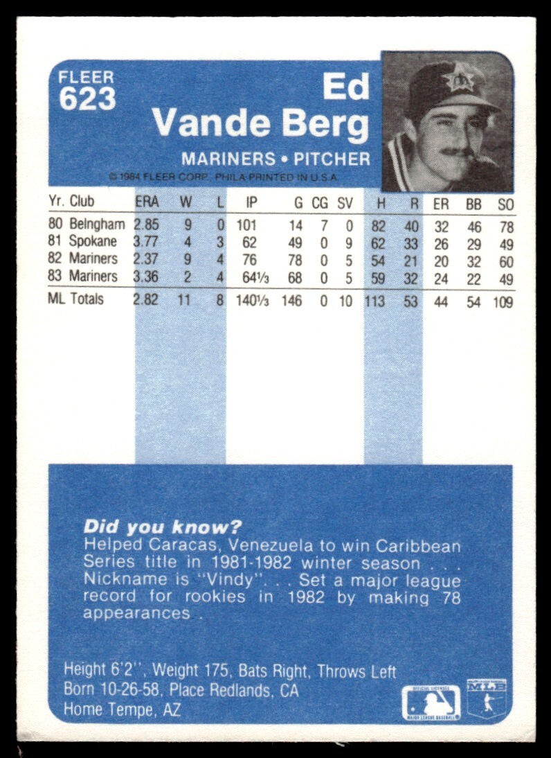 1984 Fleer Ed Vande Berg Baseball Card Seattle Mariners #623