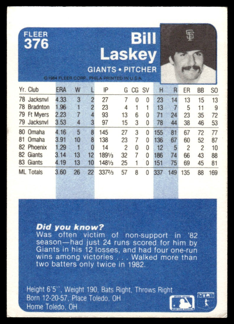 1984 Fleer Bill Laskey Baseball Card San Francisco Giants #376