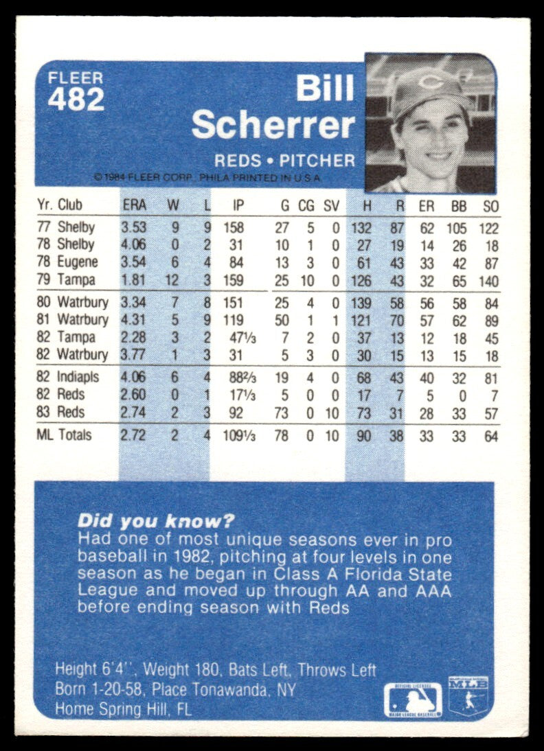 1984 Fleer Bill Scherrer Rookie Baseball Card Cincinnati Reds #482