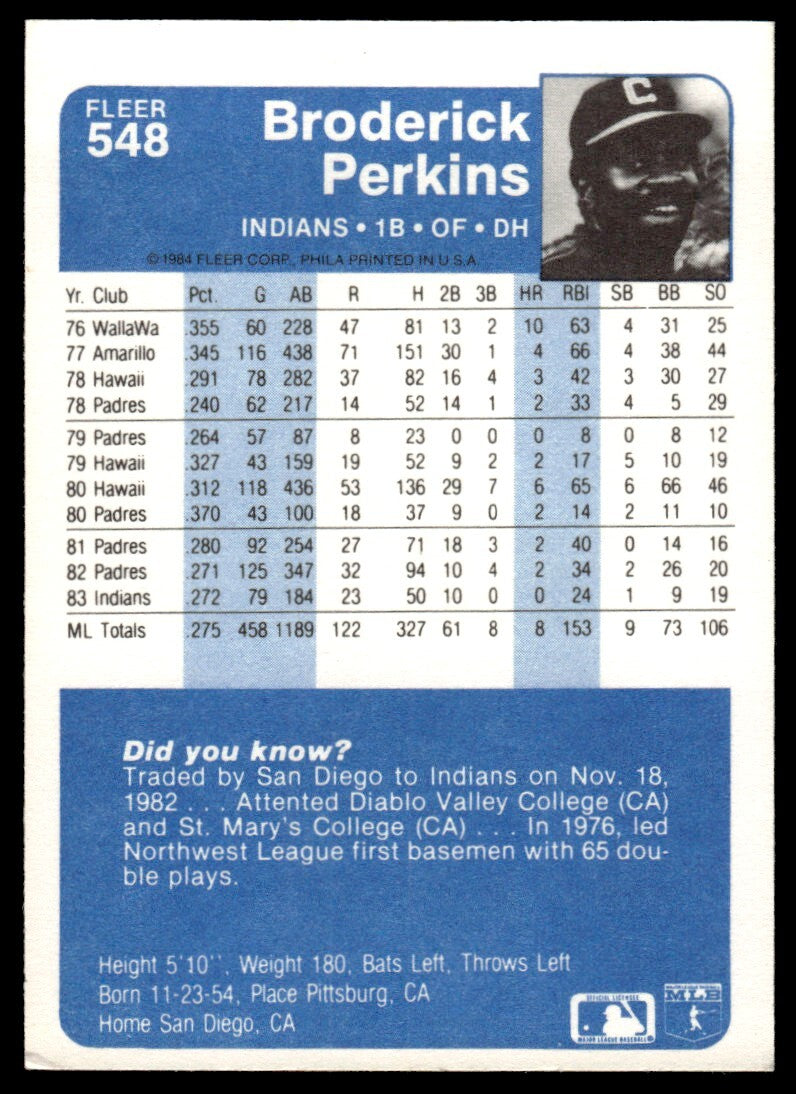 1984 Fleer Broderick Perkins Baseball Card Cleveland Indians #548