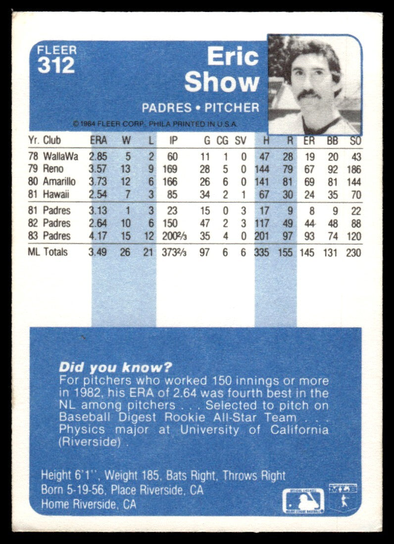1984 Fleer Eric Show Baseball Card San Diego Padres #312