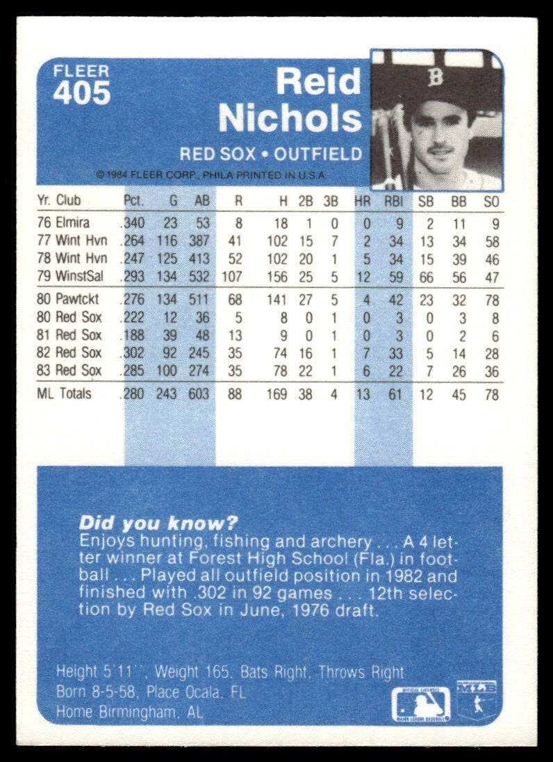 1984 Fleer Reid Nichols Baseball Card Boston Red Sox #405