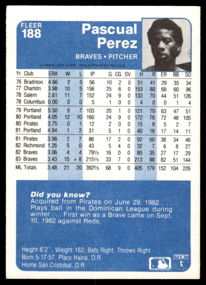 1984 Fleer Pascual Perez Baseball Card Atlanta Braves #188