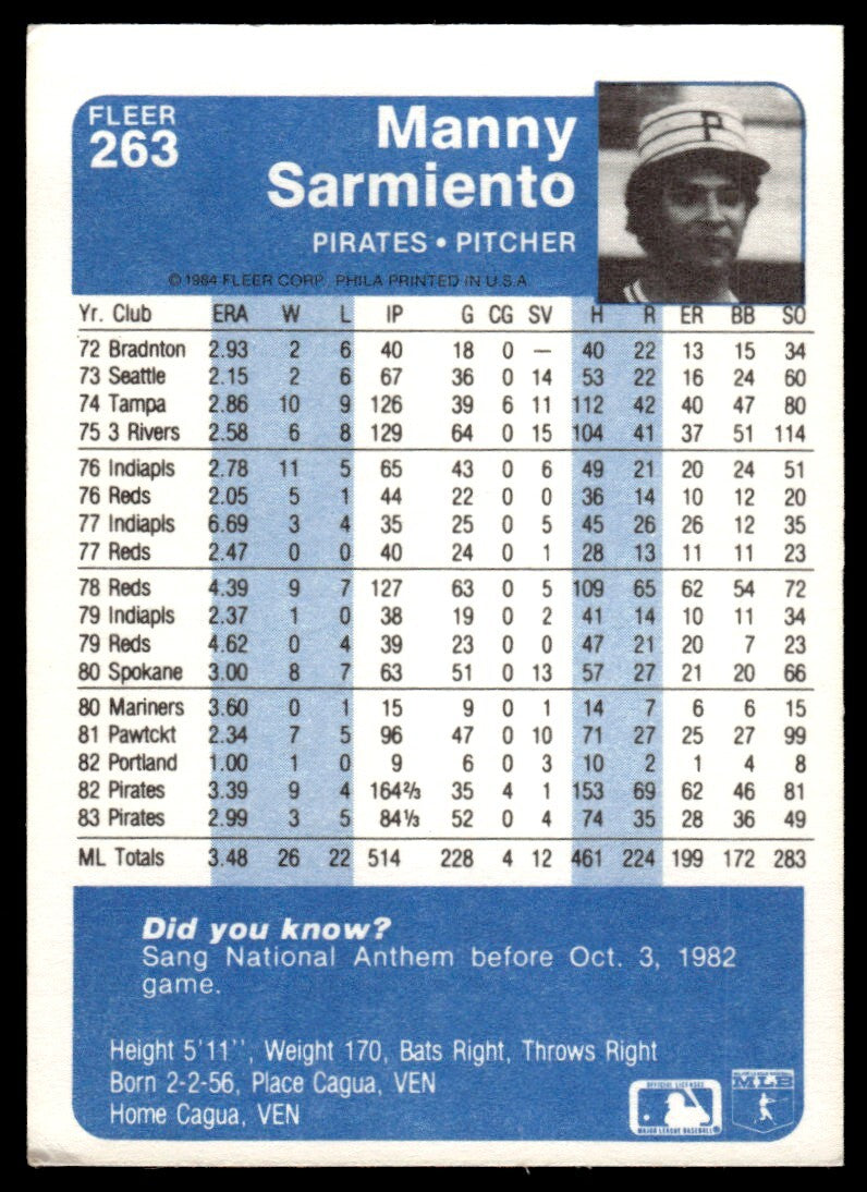 1984 Fleer Manny Sarmiento Baseball Card Pittsburgh Pirates #263