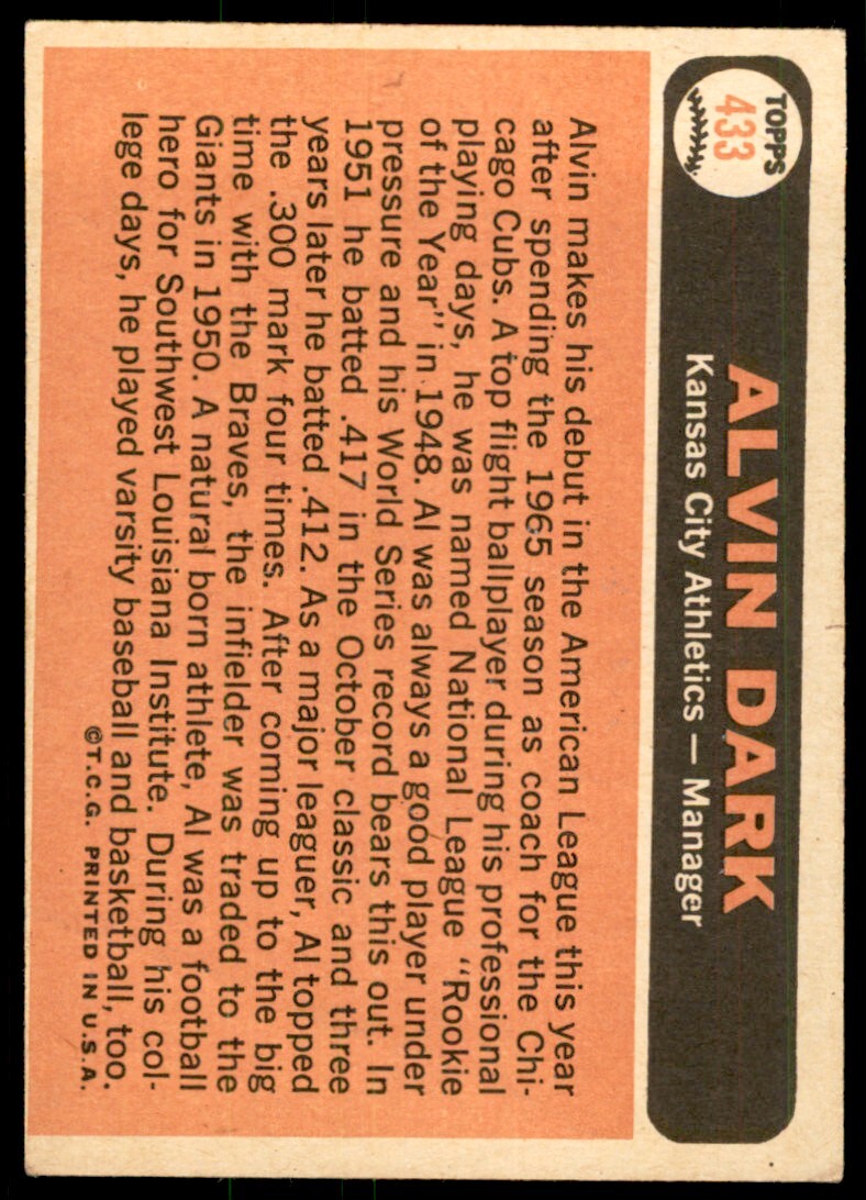 1966 Topps Baseball Card (Damaged) Alvin Dark Kansas City Athletics #433