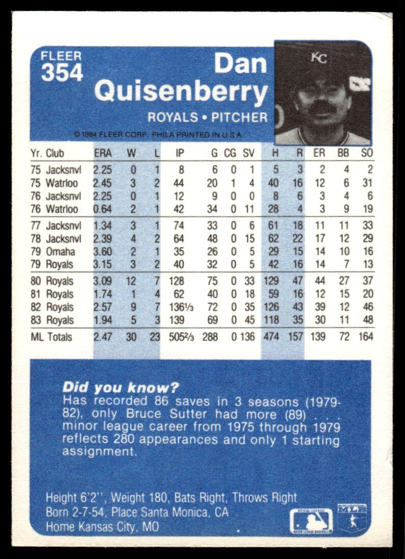1984 Fleer Dan Quisenberry Baseball Card Kansas City Royals #354