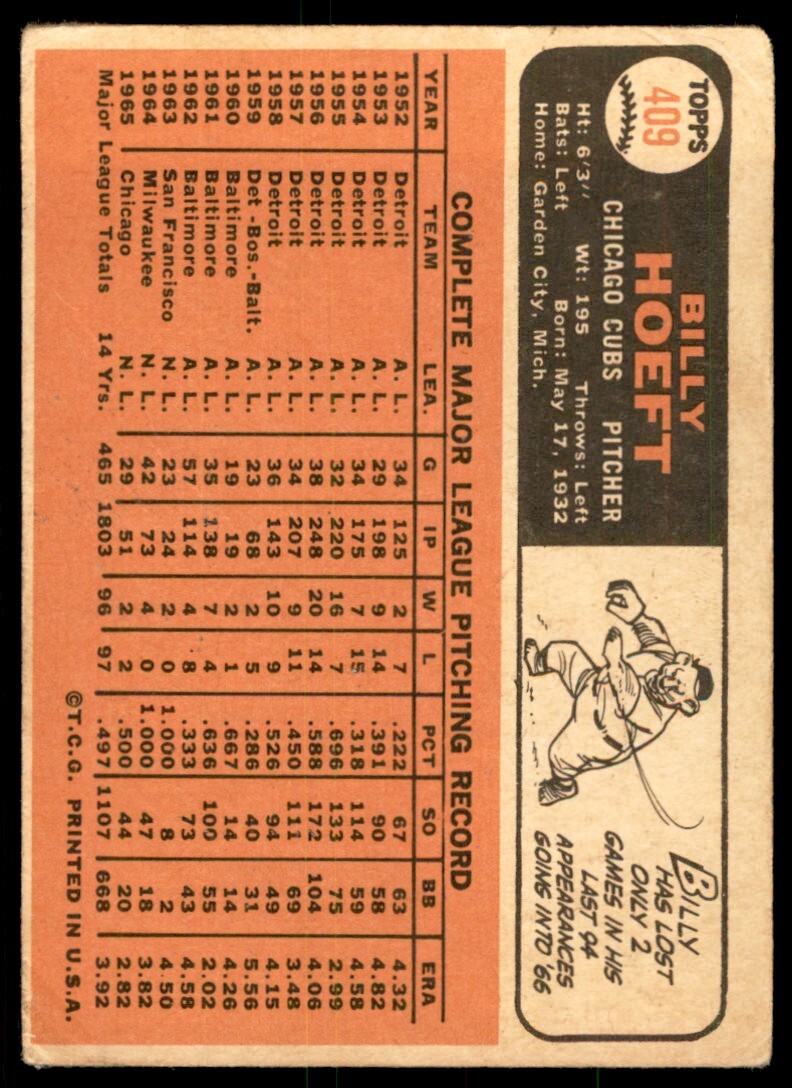 1966 Topps Baseball Card (Damaged) Billy Hoeft Chicago Cubs #409