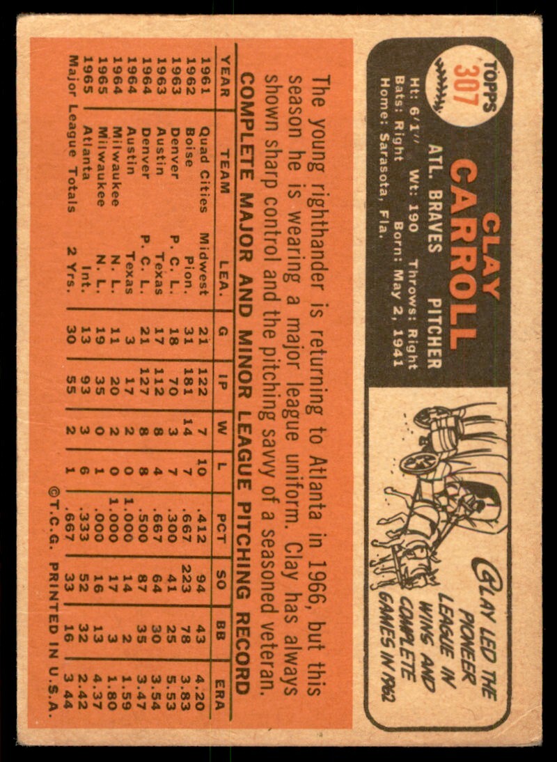 1966 Topps Baseball Card (Damaged) Clay Carroll Atlanta Braves #307